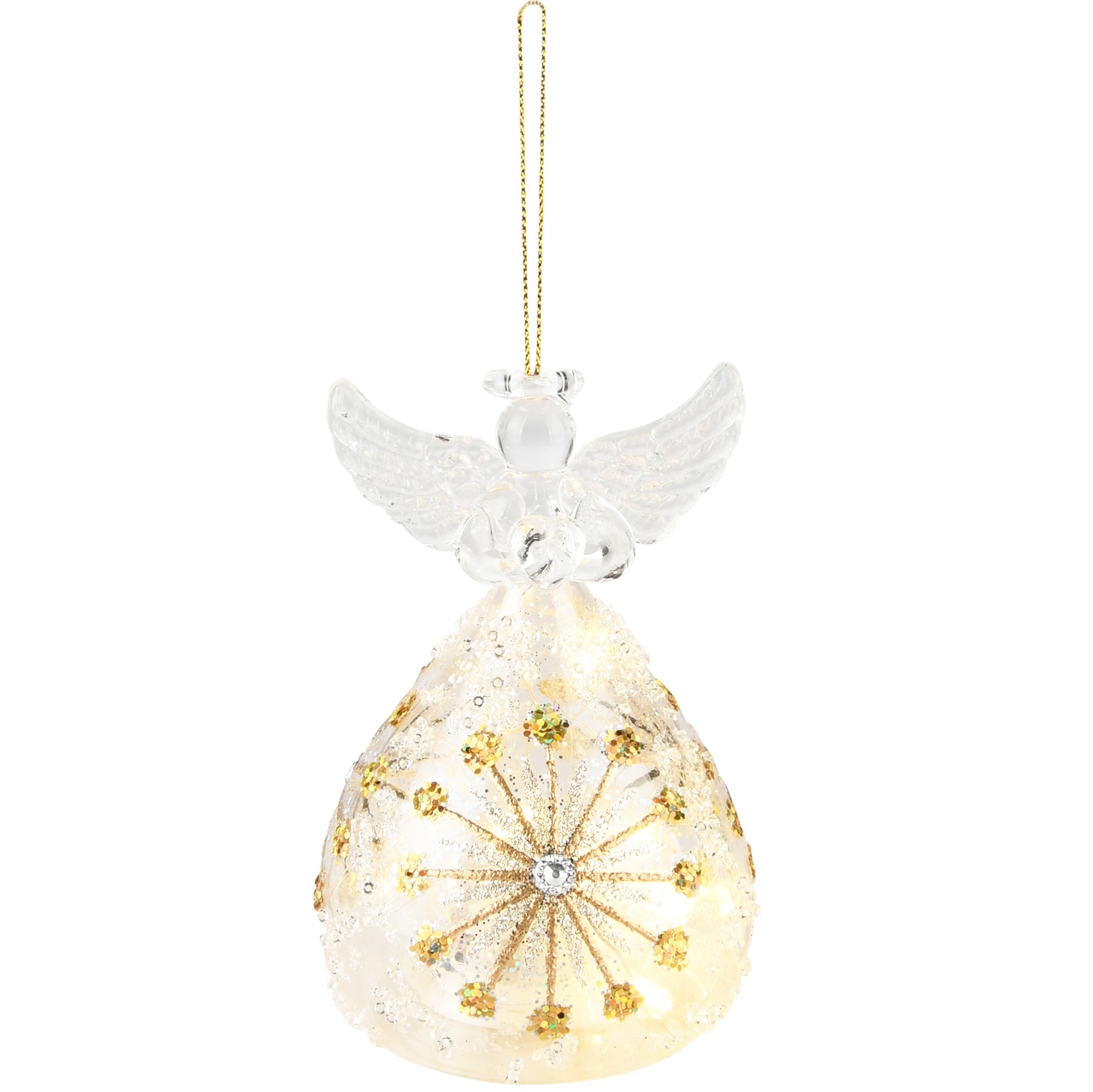 Dekoratief | Hanger engeltje m/pailletten, transparant/goud, glas, LED, 7x7x10cm | A235431