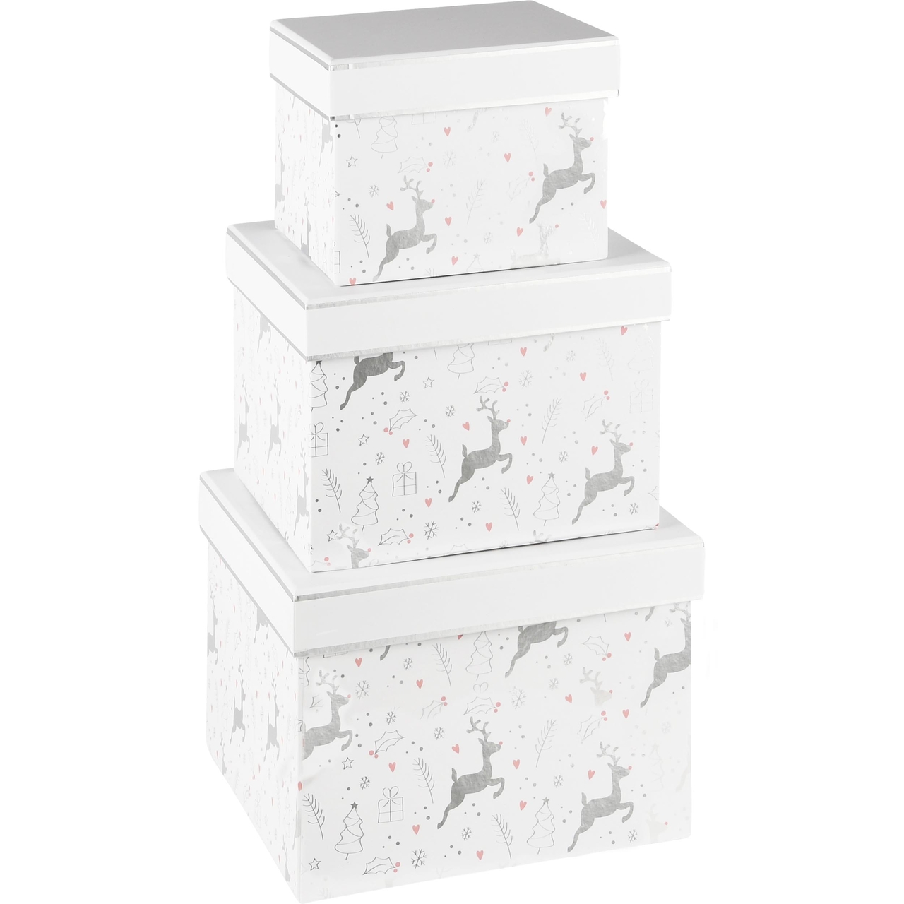 Dekoratief | Set 3 dozen vierkant 'Dancing Reindeer', wit/zilver, 18x18x14cm (4+2 GRATIS? | A235597