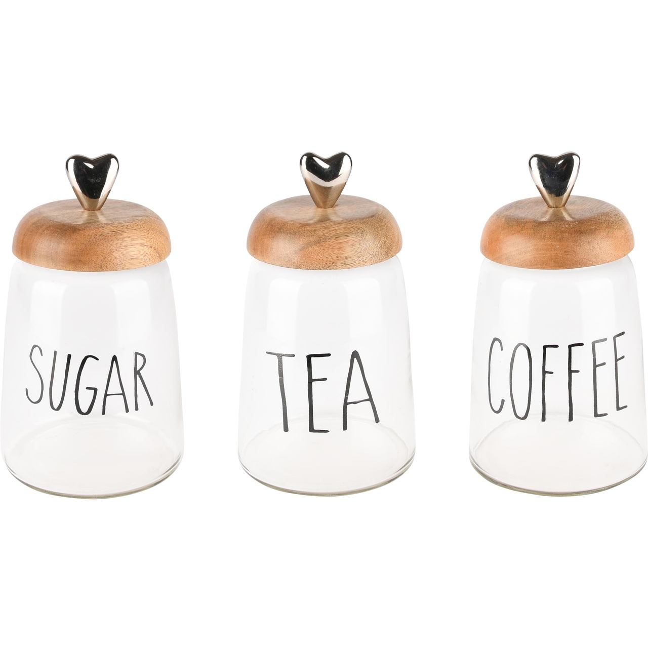 Dekoratief | Bewaarpot Coffee/Sugar/Tea, glas/hout, 13x13x20cm, set van 3 stuks | A238211