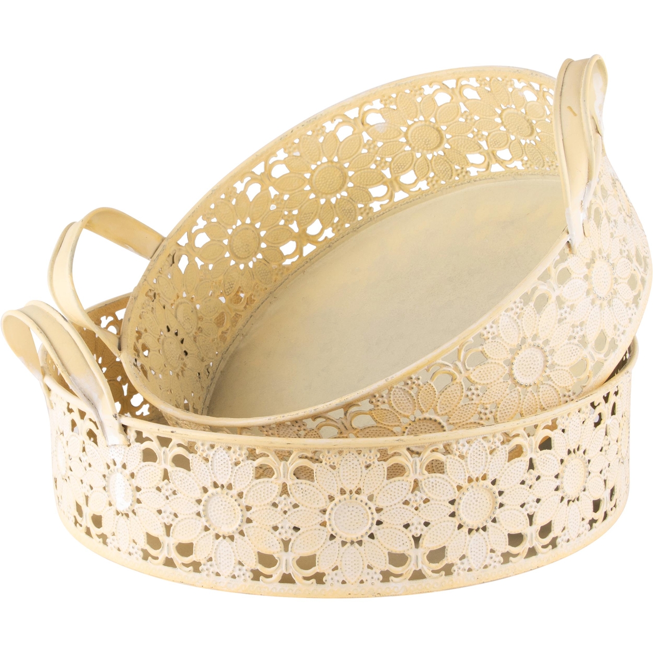 Dekoratief | Set 2 bakjes m/oor, rond, geel, metaal, 25x25x7cm | A240766