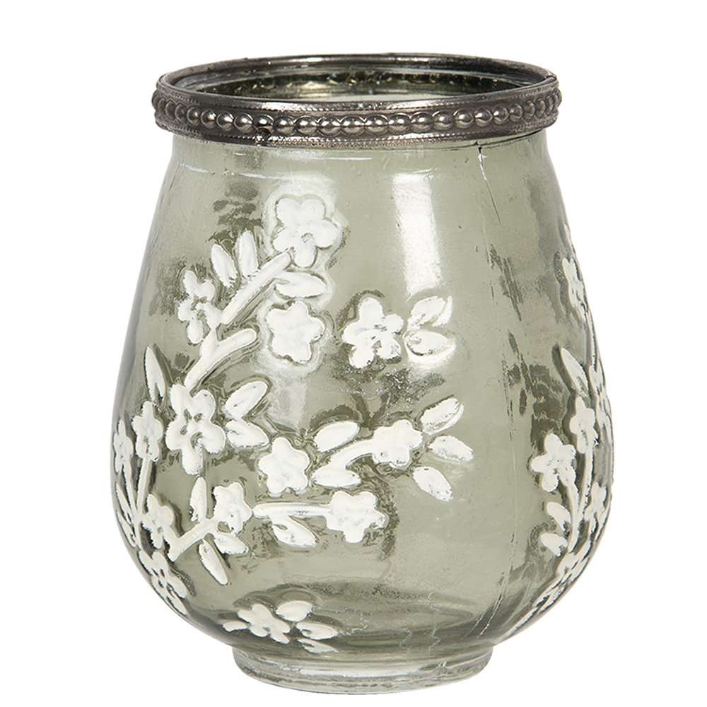 Clayre & Eef   | Glazen Theelichthouder Bloemen Groen ø 9x11 cm | 6GL2876