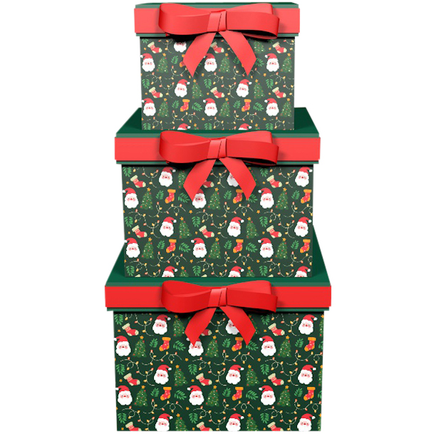 Dekoratief | Set 3 dozen vierkant 'Jolly Santa', 18x18x14cm | A245227
