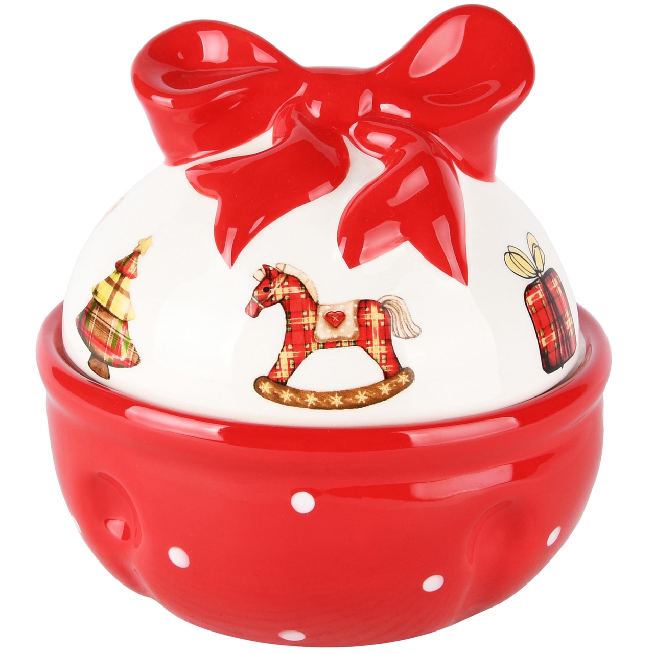 Dekoratief | Bonbonnière m/schommelpaardje, wit/rood, dolomiet, 13x13x15cm | A245982