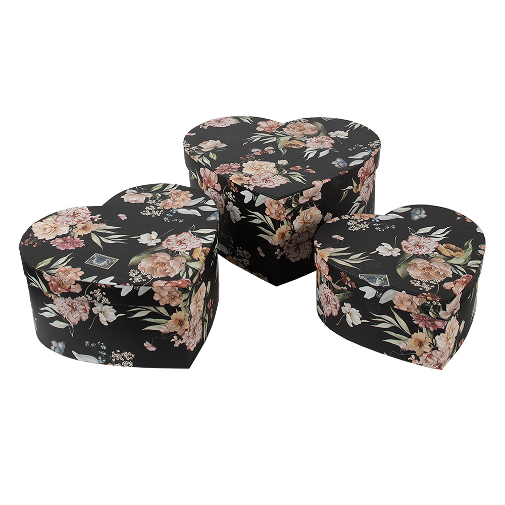 Clayre & Eef   | Doos hartvorm (3) Zwart 28x26x14/24x23x12/21x20x10 cm | 66010