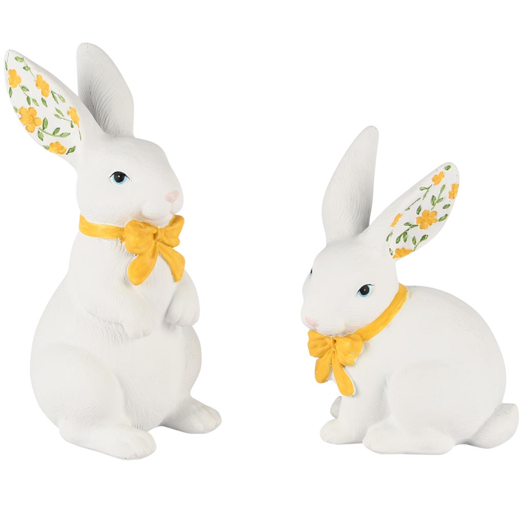 Dekoratief | Bunny m/strik, wit/geel, resina, 7x7x15cm, set van 2 stuks | A250332