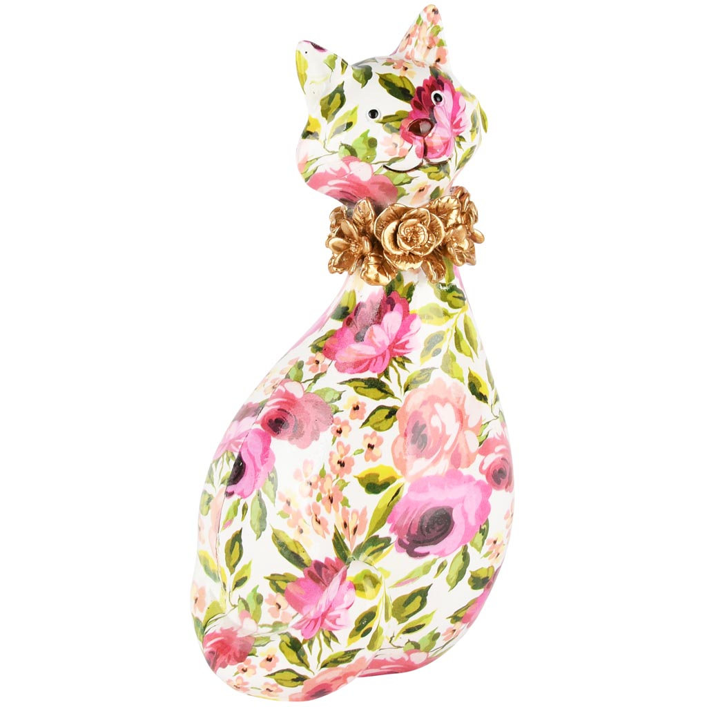 Dekoratief | Poes 'Old Flowers', roze/groen/goud, resina, 14x14x27cm | A250578