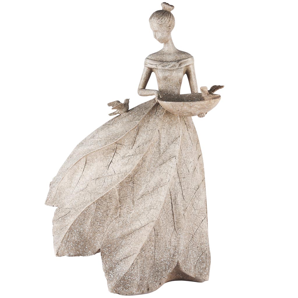 Dekoratief | Deco dame m/vogelbad, grijs resina, 39x25x60cm | A250813