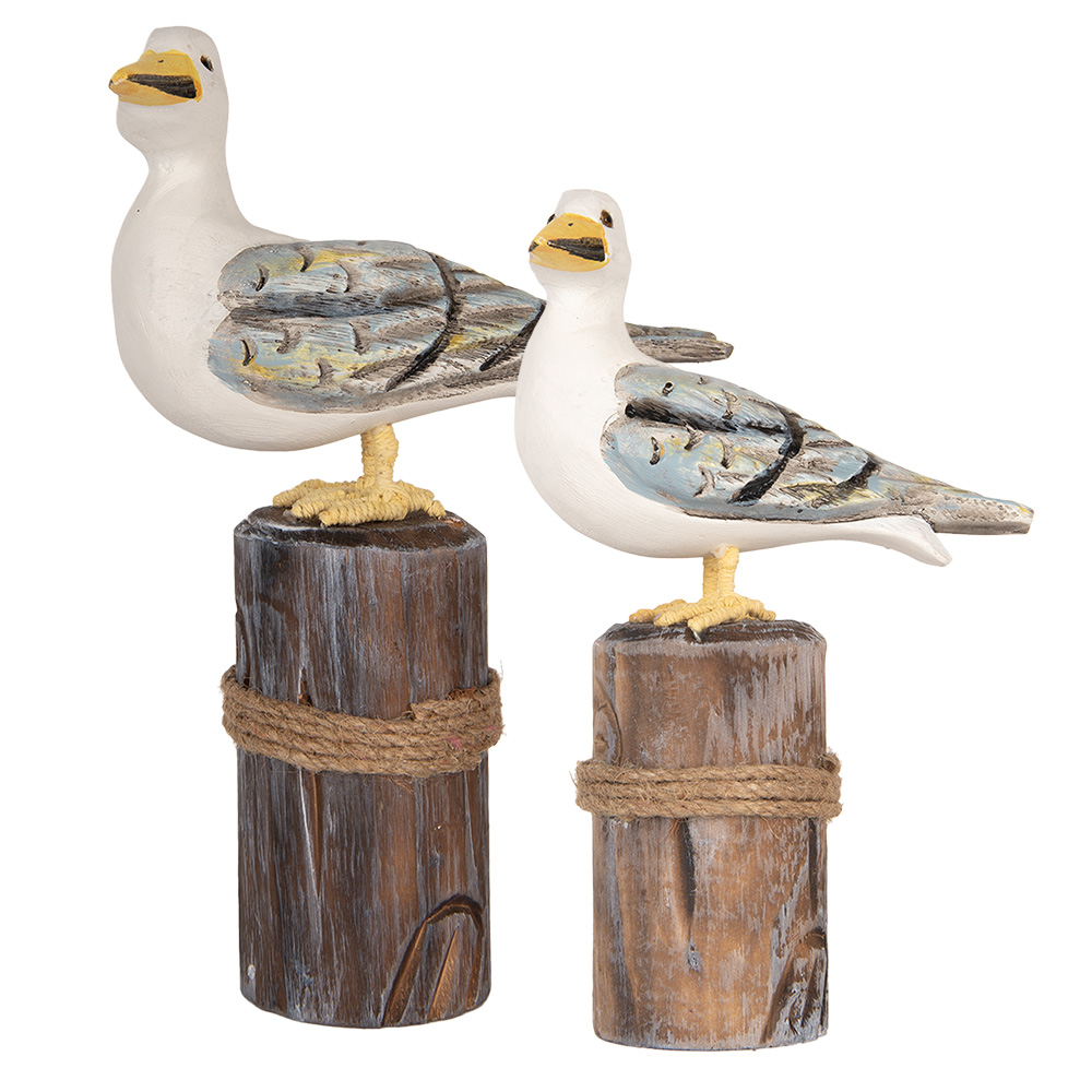 Clayre & Eef   | Decoratie beeld Vogels Bruin Wit (set 2) 13x6x22 / 18x8x29 cm | 6H2401