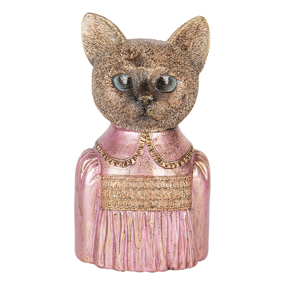 Clayre & Eef   | Decoratie Beeld Kat Bruin Roze 14x11x23 cm | 6PR5072