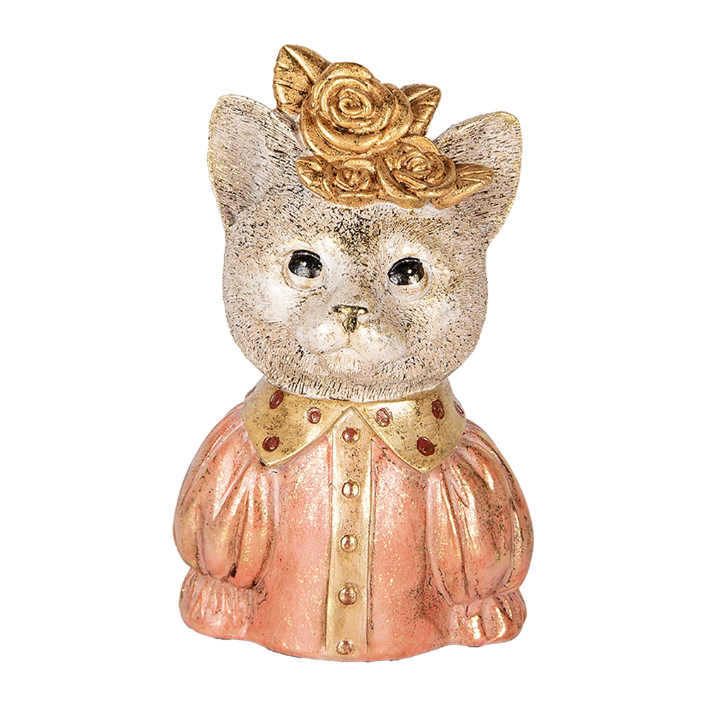 Clayre & Eef   | Decoratie Beeld Kat Wit Roze 12x9x18 cm | 6PR5077