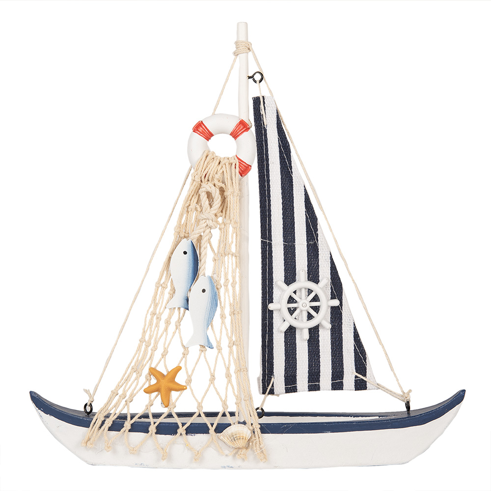 Clayre & Eef   | Decoratie Miniatuur Zeilboot Wit Blauw 25x6x25 cm | 66074