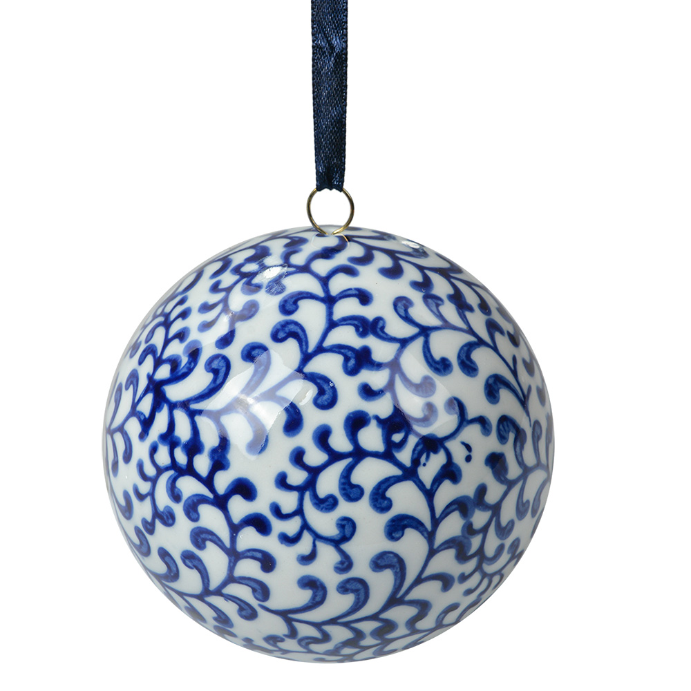Clayre & Eef   | Decoratie Bal Wit Blauw ø 8x8 cm | 6CE2109