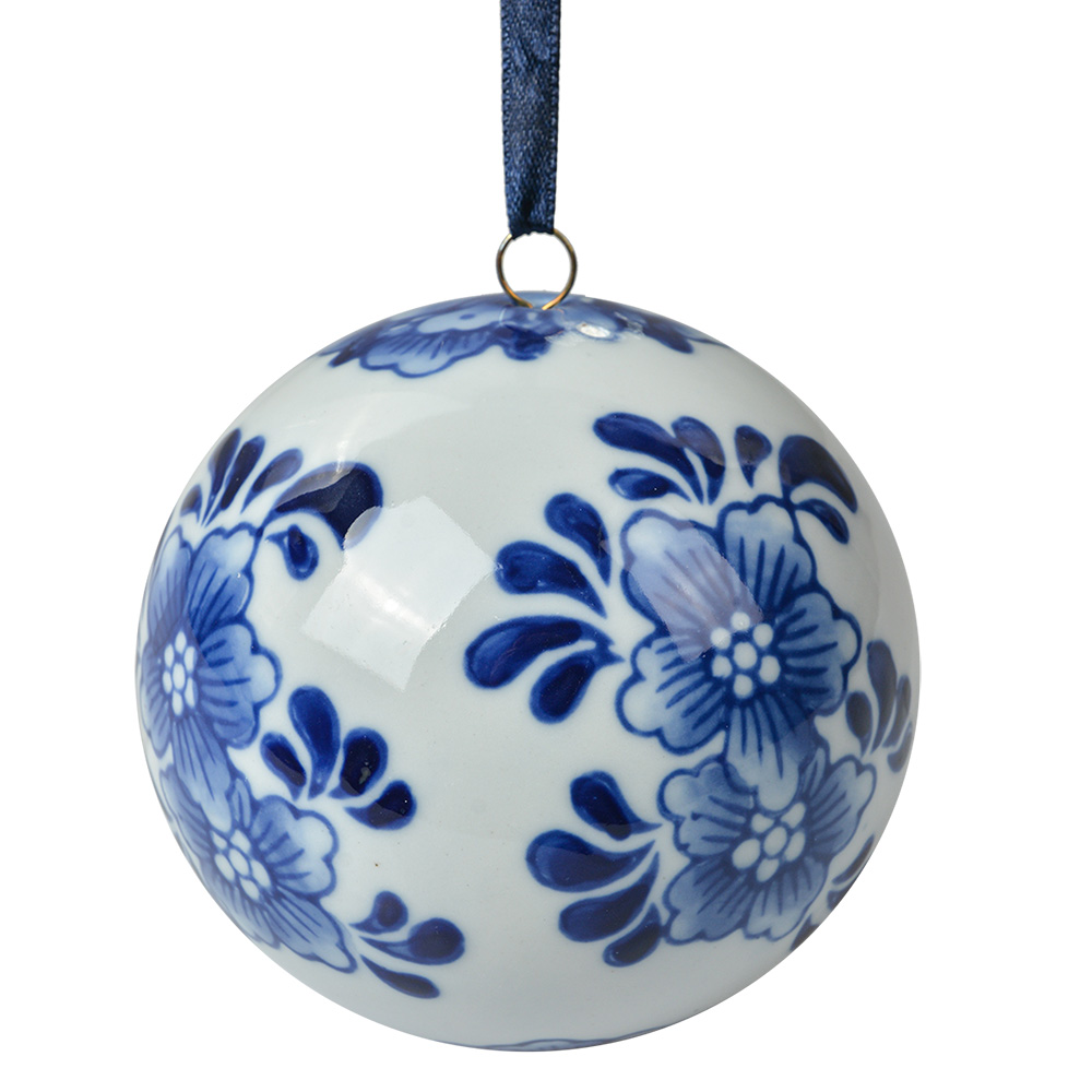 Clayre & Eef   | Decoratie Bal Wit Blauw ø 8x8 cm | 6CE2112