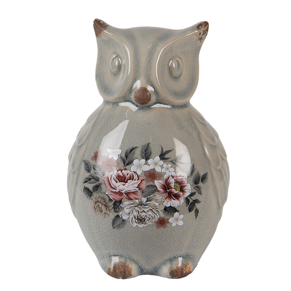 Clayre & Eef   | Decoratie Beeld Uil Grijs Roze 11x10x17 cm | 6CE1967M