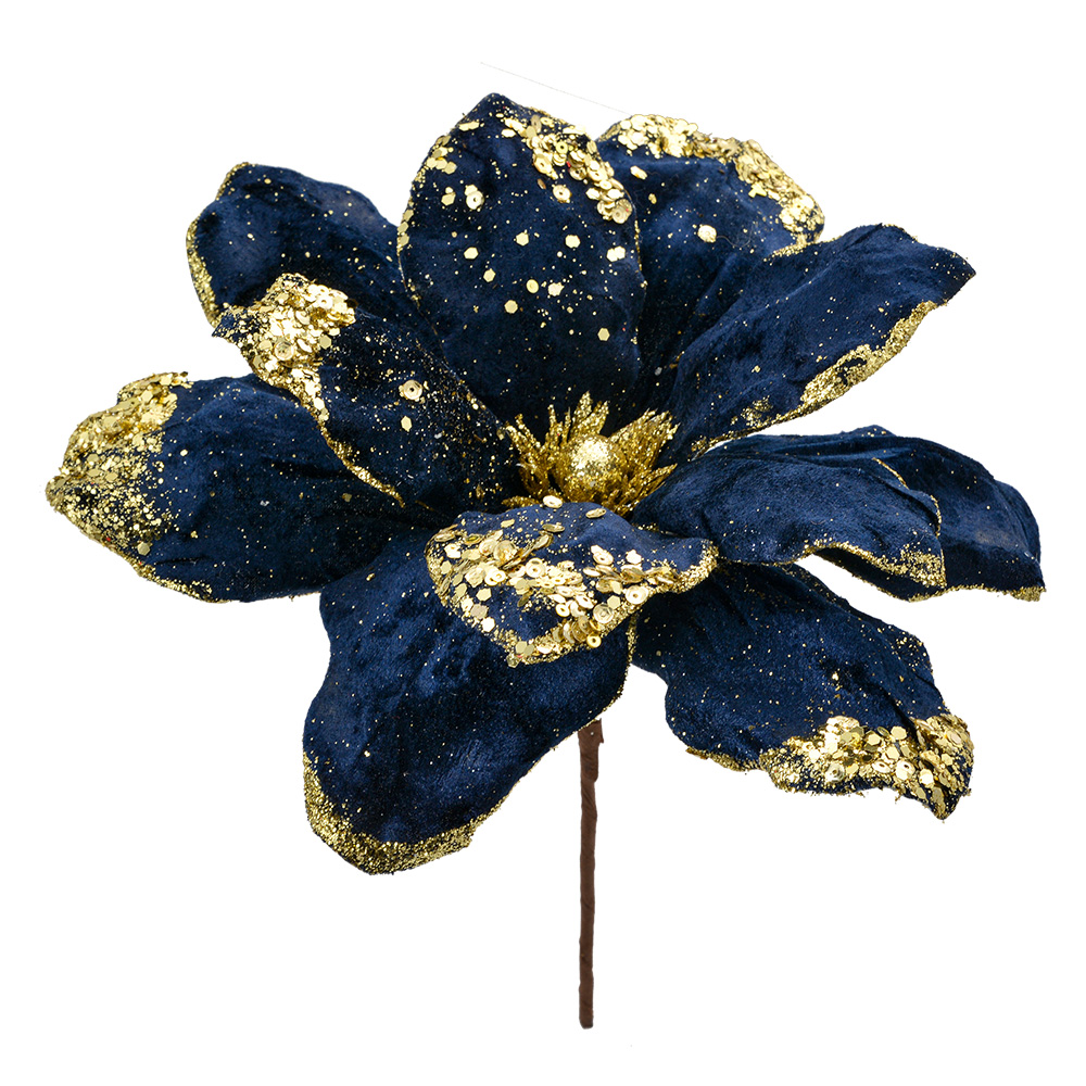 Clayre & Eef   | Kerstdecoratie Bloem Blauw Goudkleurig ø 24x27 cm | 66149