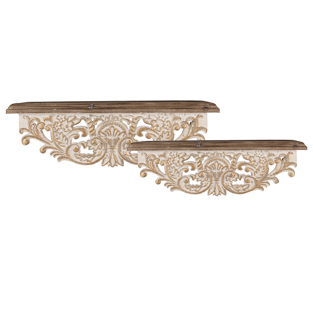 Clayre & Eef   | Wandrek Wit Bruin (set van 2) 70x18x22 / 60x14x19 cm | 5H0713