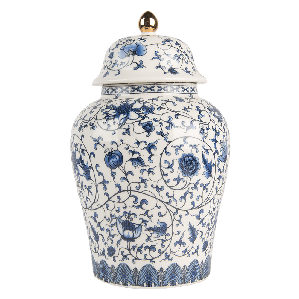Clayre & Eef   | Decoratie pot met deksel Wit Blauw ø 12x21 cm | 6CE2136