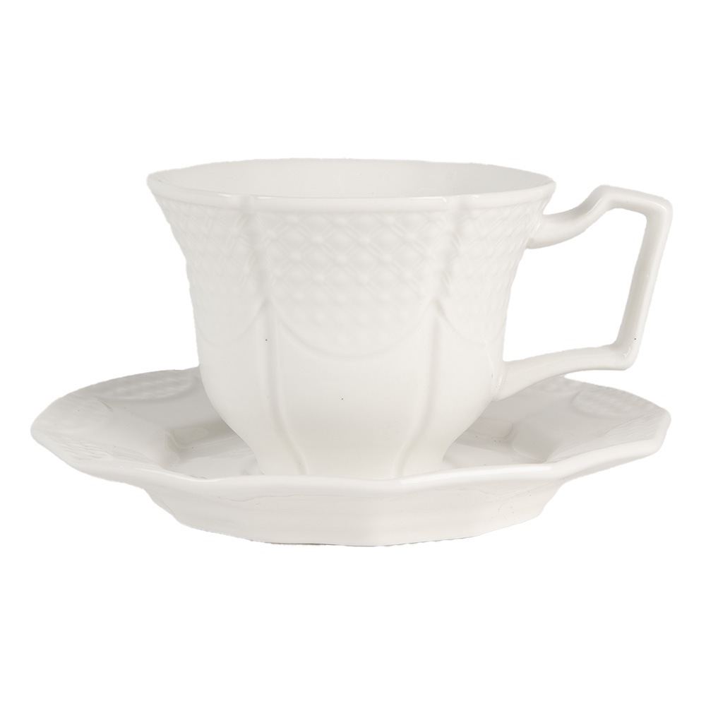 Clayre & Eef   | Kop en schotel Wit 12x9x6 / ø 14x2 cm / 175 ml | 6CEKS0009