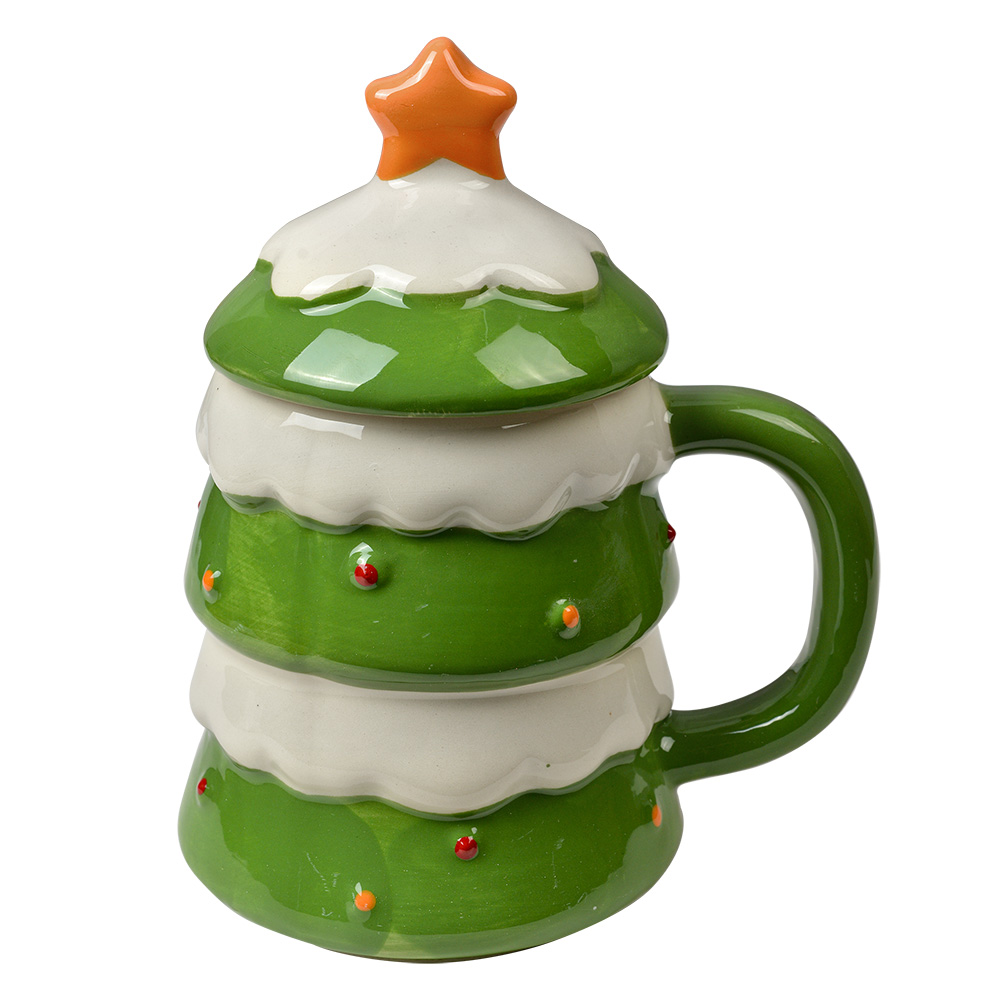 Clayre & Eef   | Mok met deksel Groen Beige 13x9x16 cm / 350 ml | 6CEMU0192