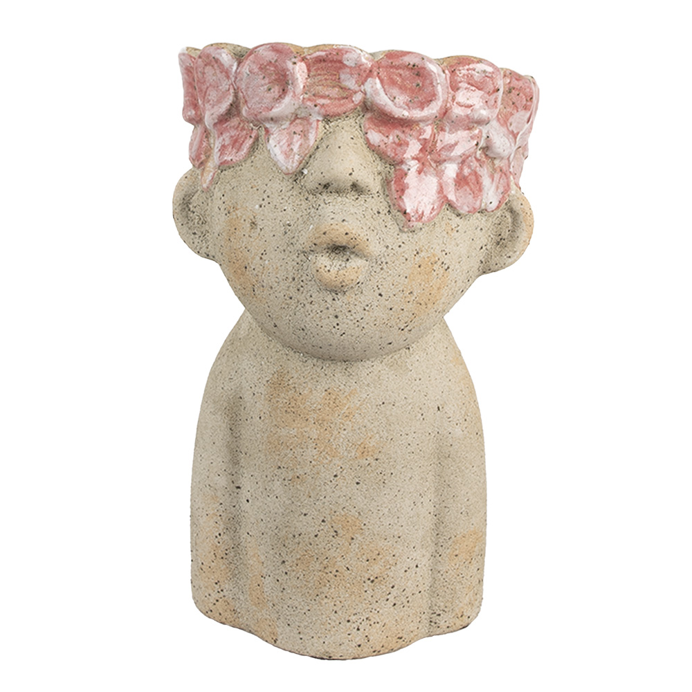 Clayre & Eef   | Bloempot Binnen Beige Rood 16x15x25 cm | 6TE0584M