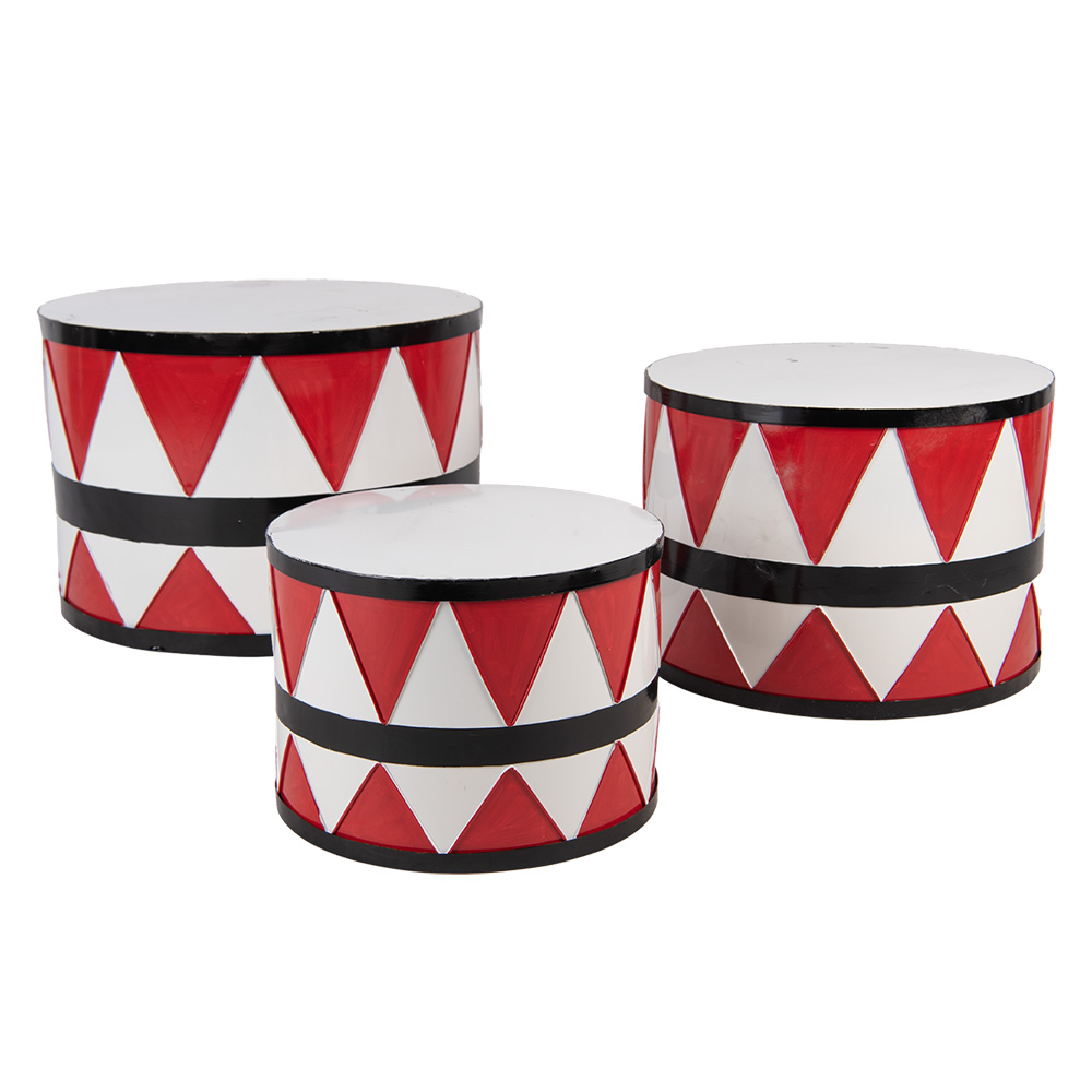Clayre & Eef   | Decoratie Trommel Wit Rood  (set 3) ø 47x32 / ø39x28 / ø 31x22 cm | 6Y5732