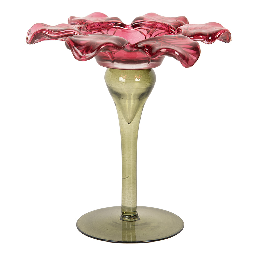 Clayre & Eef   | Glazen Theelichthouder Roze Groen ø 14x14 cm | 6GL5351