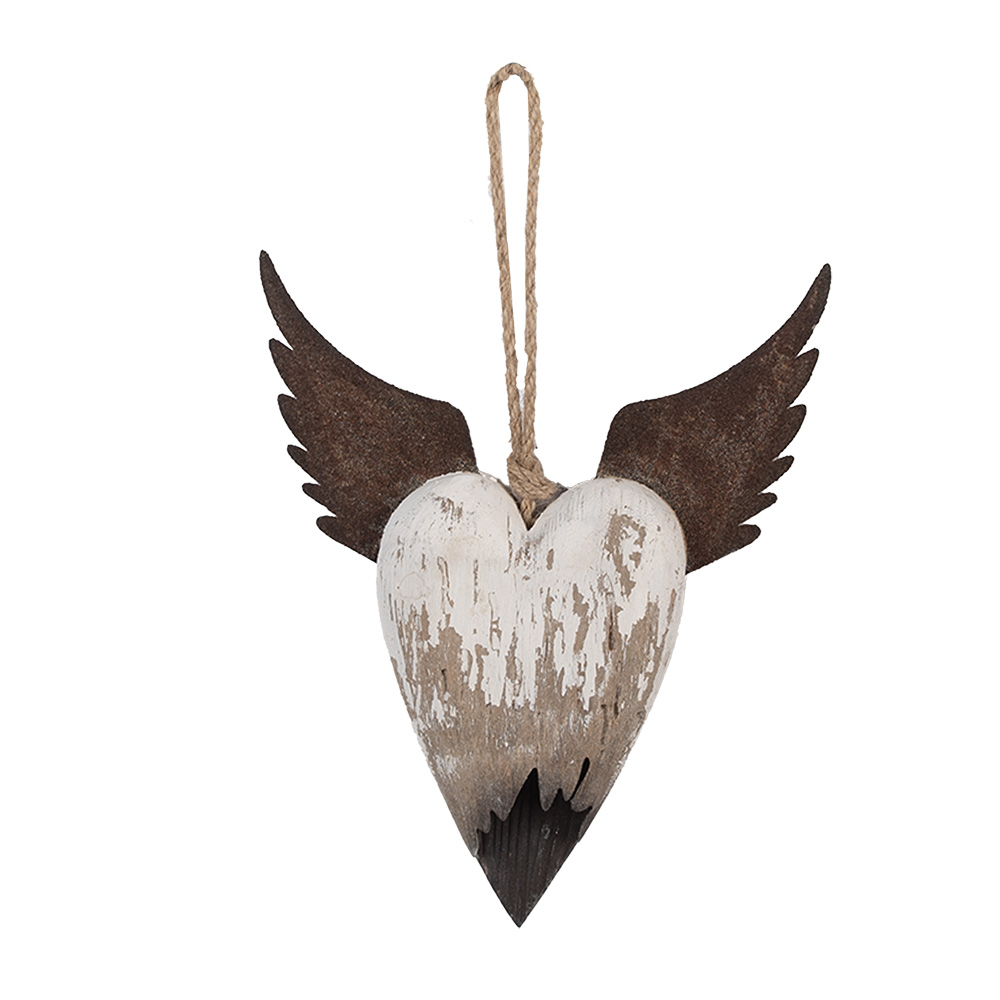 Clayre & Eef   | Decoratie hanger Hart Wit Bruin 18x3x22 cm | 6H2415M