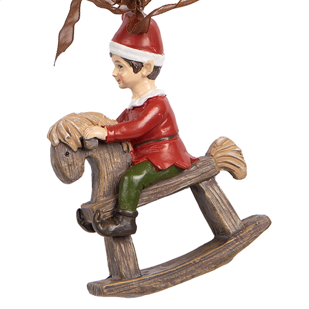 Clayre & Eef   | Decoratie Hanger Kind op hobbelpaard Rood Bruin 7x3x9 cm | 6PR5391