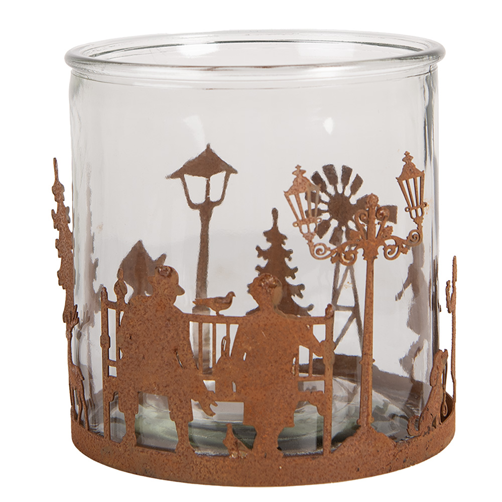 Clayre & Eef   | Theelichthouder Kersttafereel Bruin ø 15x15 cm | 6Y5938