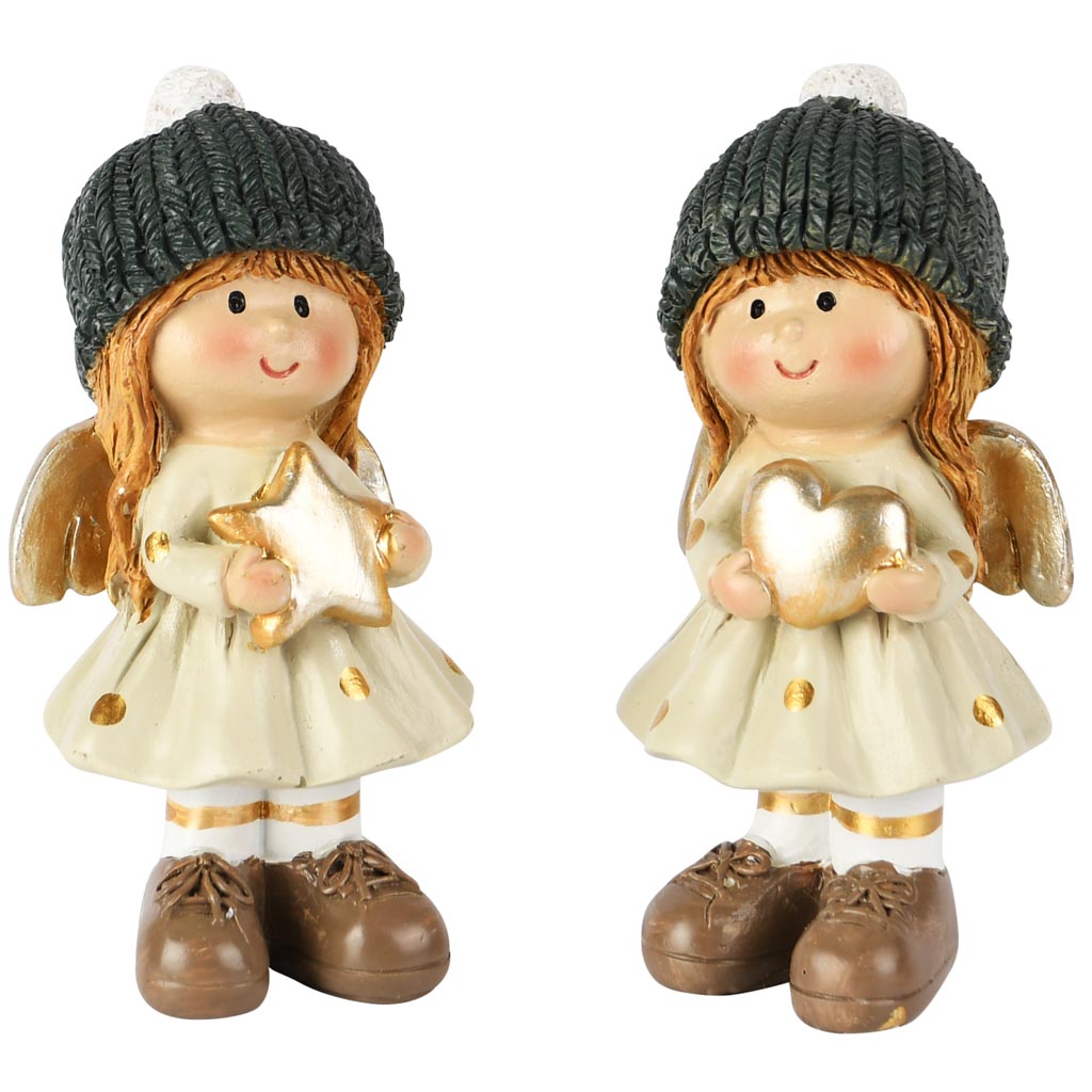 Dekoratief | Engeltje staand m/hartje, creme/goud, resina, 5x5x9cm, set van 2 stuks | A255270