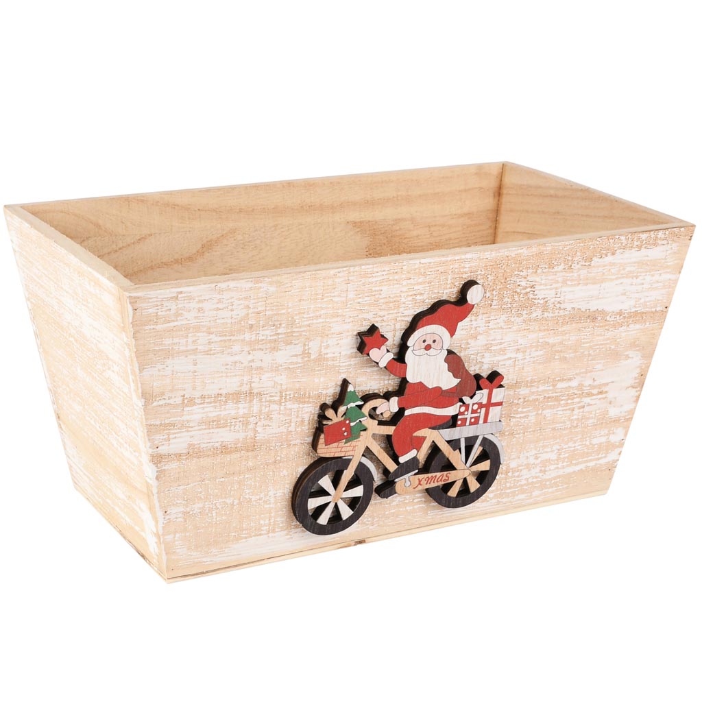 Dekoratief | Bakje m/santa op fiets, naturel/rood, hout, 24x14x12cm | A255450