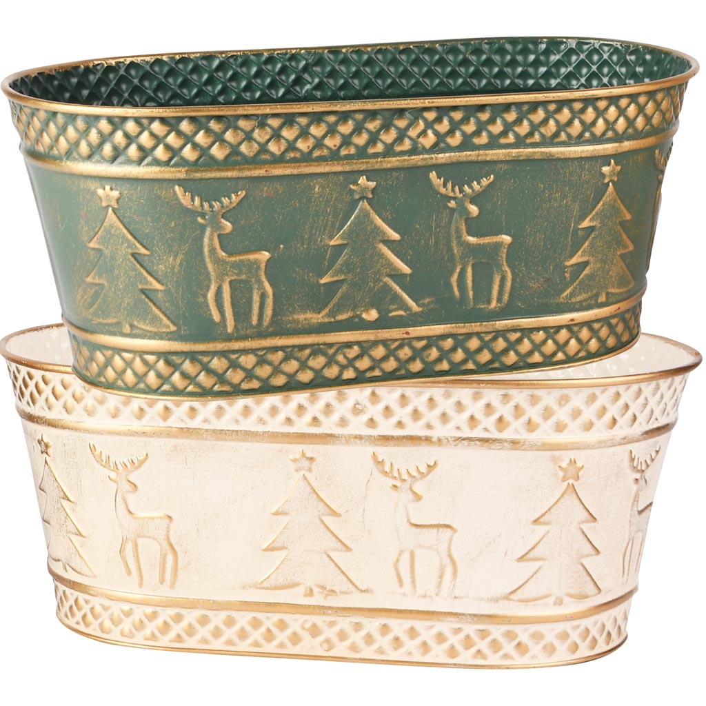 Dekoratief | Bloempot ovaal 'Deer & Tree', groen/wit, metaal, 26x14x11cm, set van 2 stuks | A255576