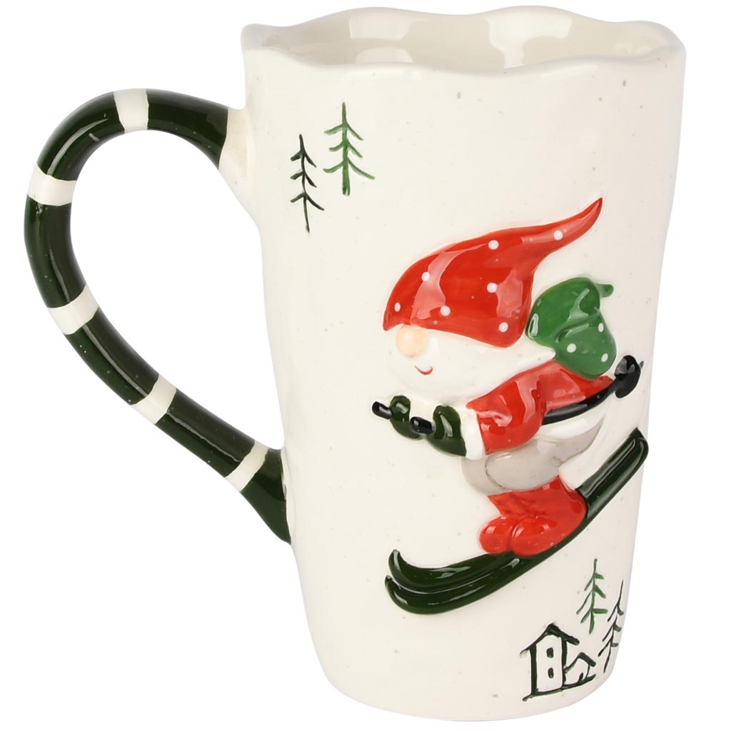 Dekoratief | Mok hoog 'Santa on Ski's', rood/wit/groen, keramiek, 15x9x15cm | A255622