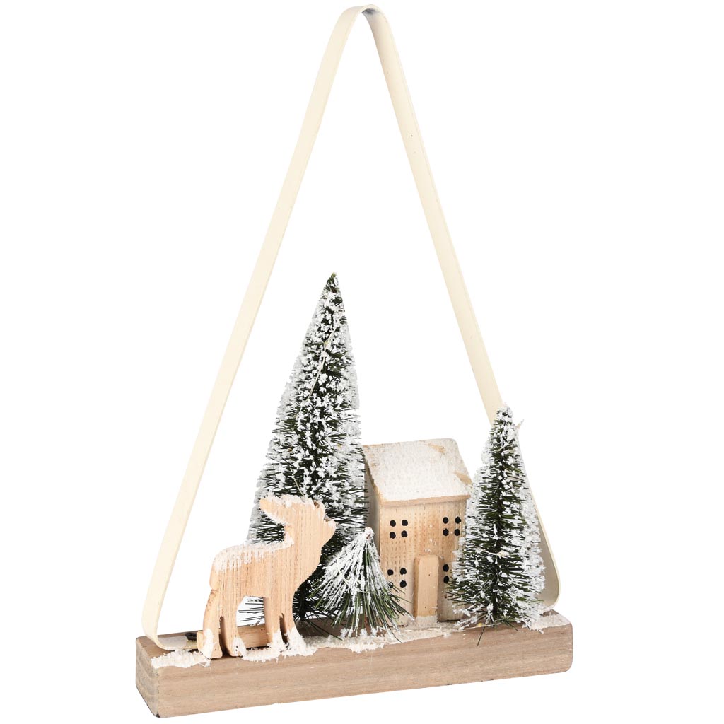 Dekoratief | Deco huis m/bomen/hert in boog, naturel, hout, LED, 23x5x35cm | A255641