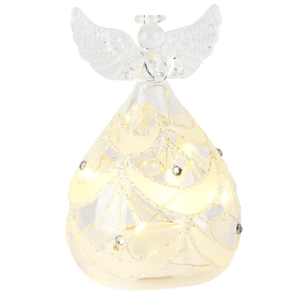 Dekoratief | Engeltje staand m/hartje, transparant/goud, glas, LED, 7x7x11cm | A255663