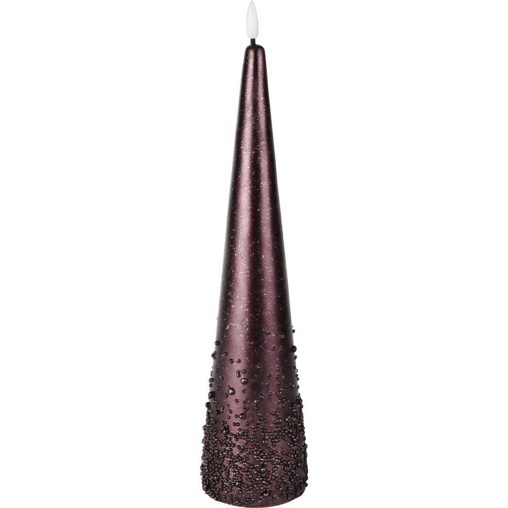 Dekoratief | Kegelkaars m/pareltjes, paars, LED, 30cm | A255931