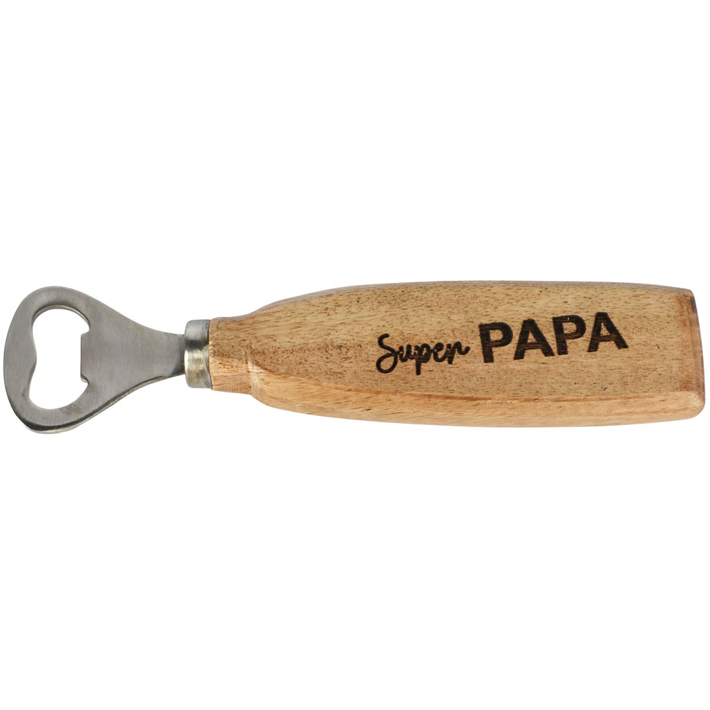 Dekoratief | Flessenopener 'Super Papa', naturel, hout/metaal, 17x4x2cm | A258040