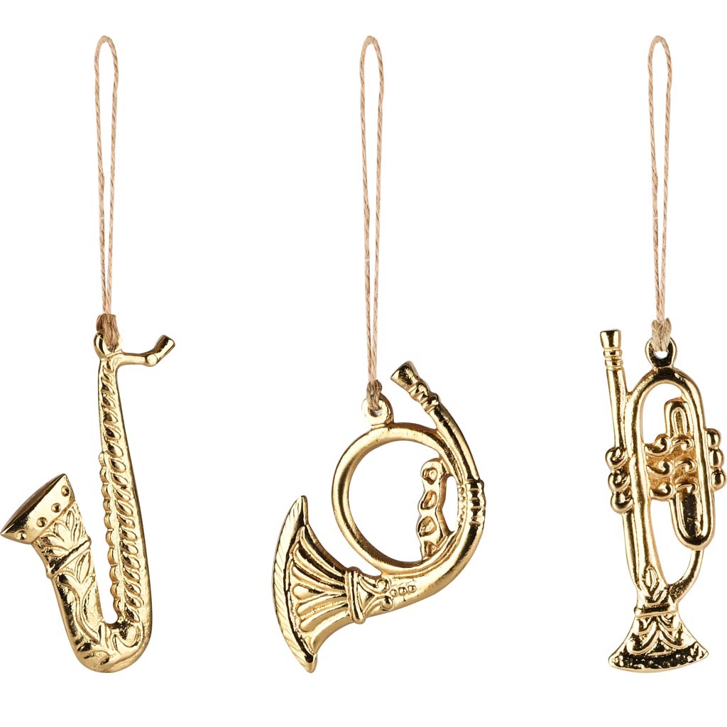 Dekoratief | Hanger trompet/saxofoon/hoorn, goud, metaal, 12x12x5cm, set van 3 stuks | A258134