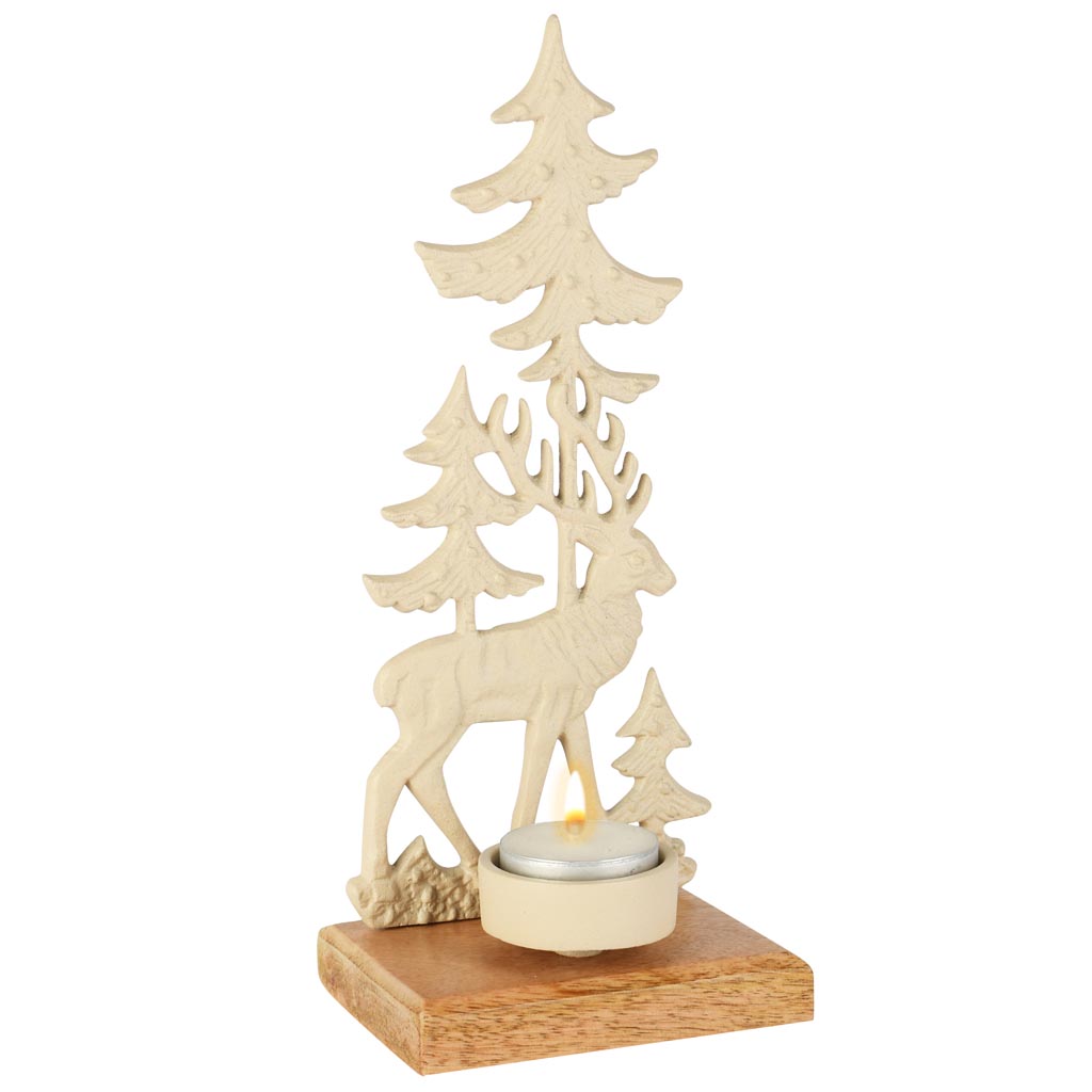 Dekoratief | Theelichthouder hert m/bomen, cr?me, aluminium/hout, 10x8x23cm | A258137
