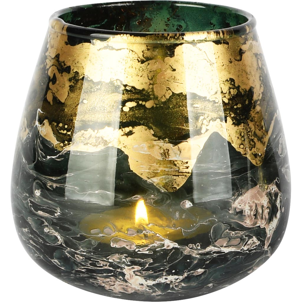 Dekoratief | Theelichthouder 'Intense Waze', groen/goud, glas, 11x11x11cm | A258180
