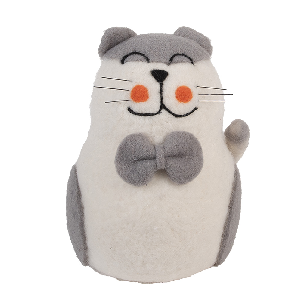 Clayre & Eef   | Vilten Kat Wit Grijs 14x14x20 cm | 66294