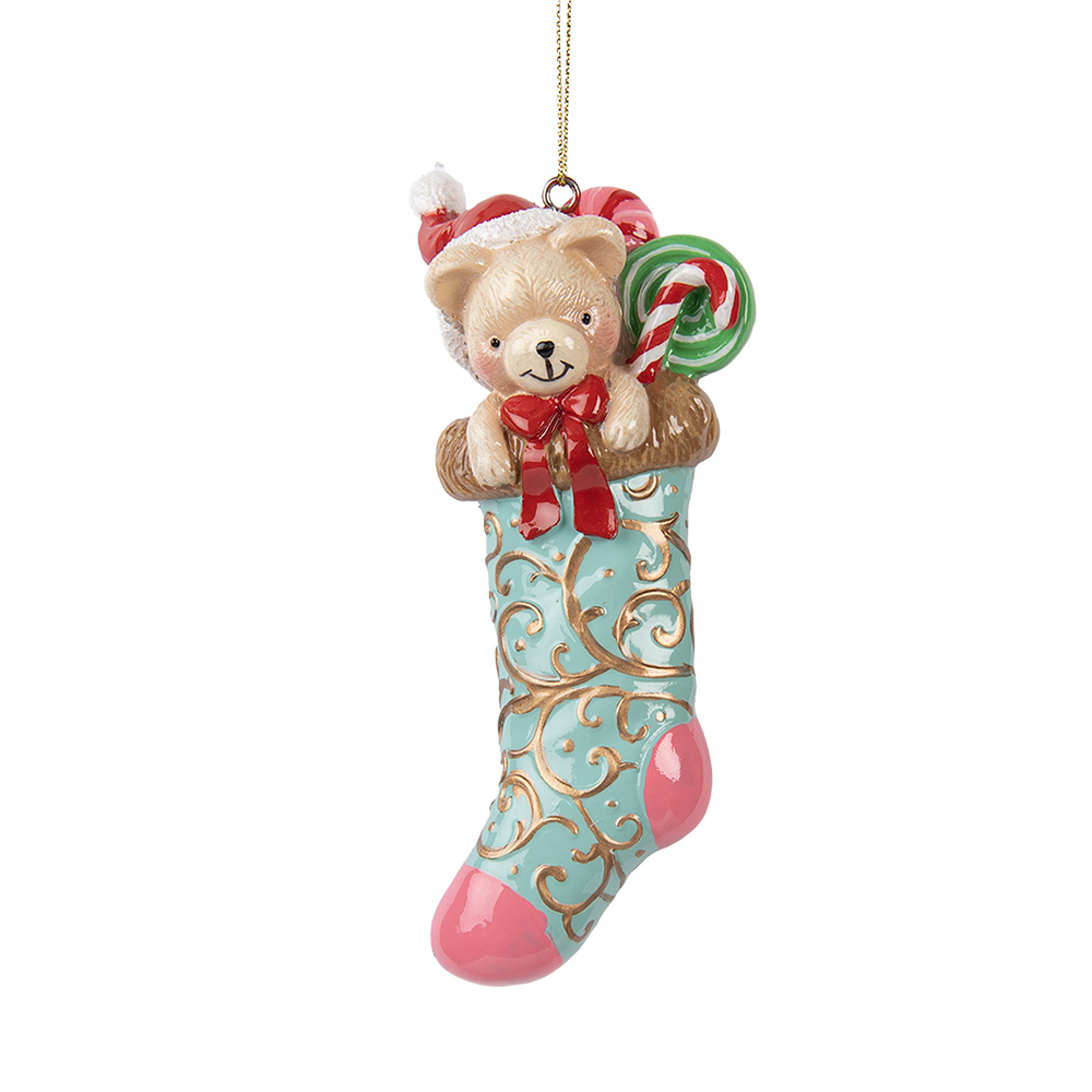 Clayre & Eef   | Decoratie Hanger Beer in Kerstsok Groen Rood 7x5x15 cm | 6PR5615