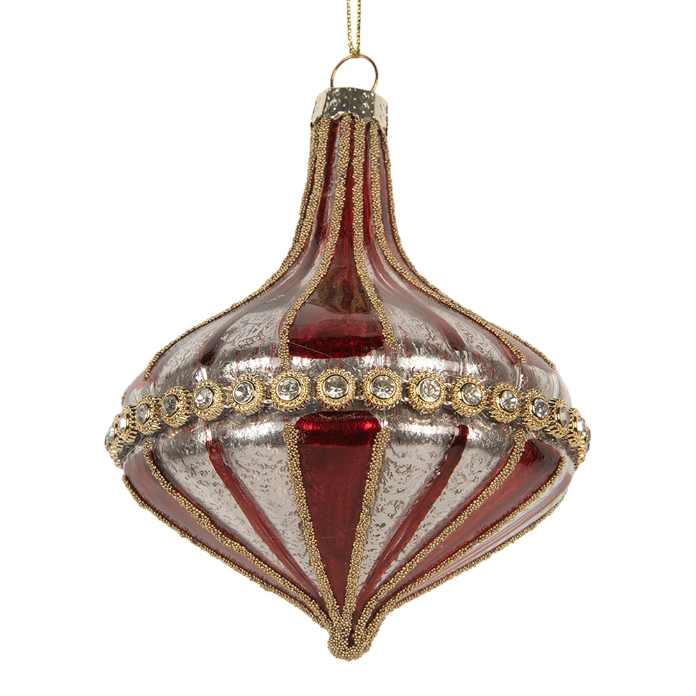 Clayre & Eef   | Kerstbal Rood Wit ø 9x11 cm | 6GL5317