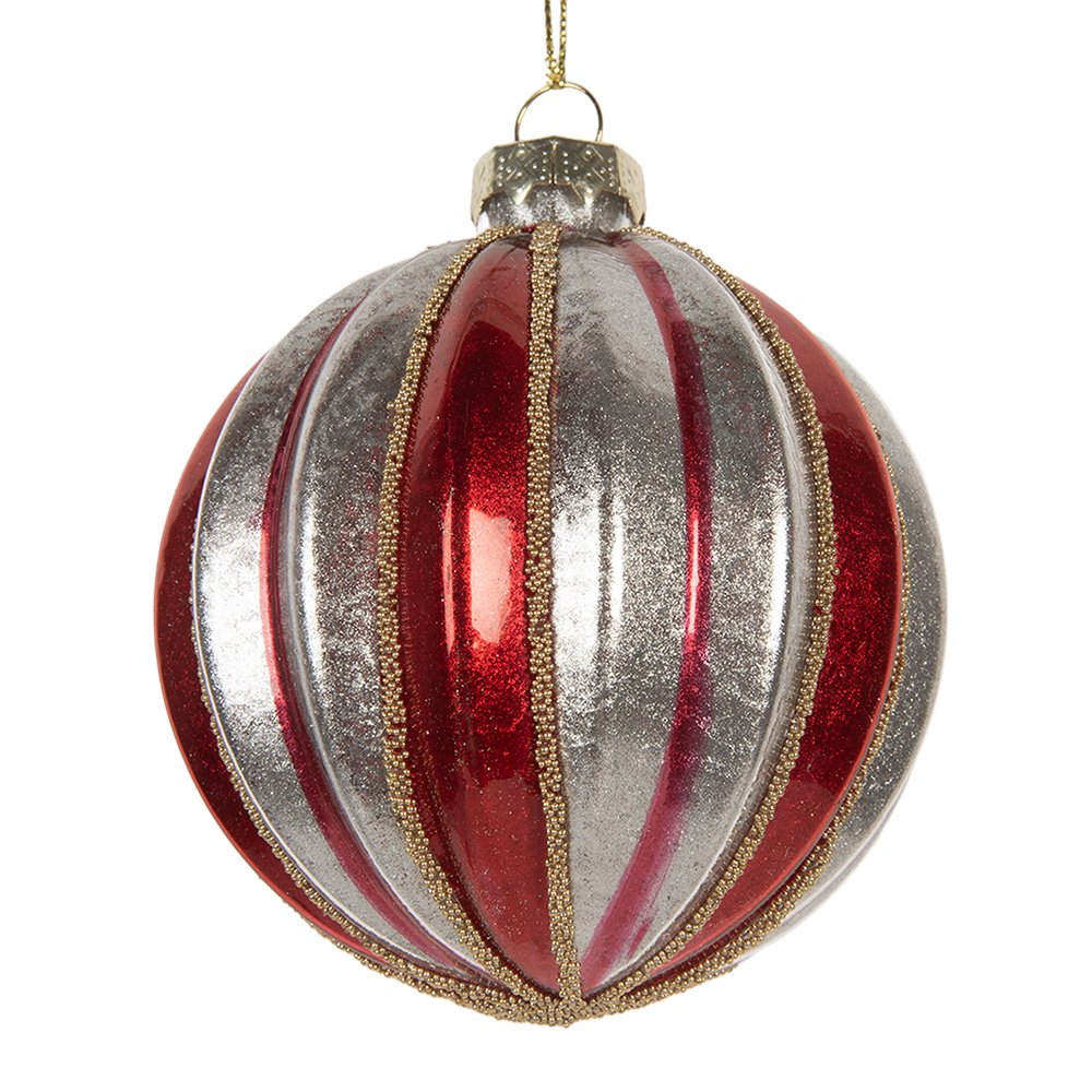 Clayre & Eef   | Kerstbal Rood Zilerkleurig ø 8x8 cm | 6GL5325