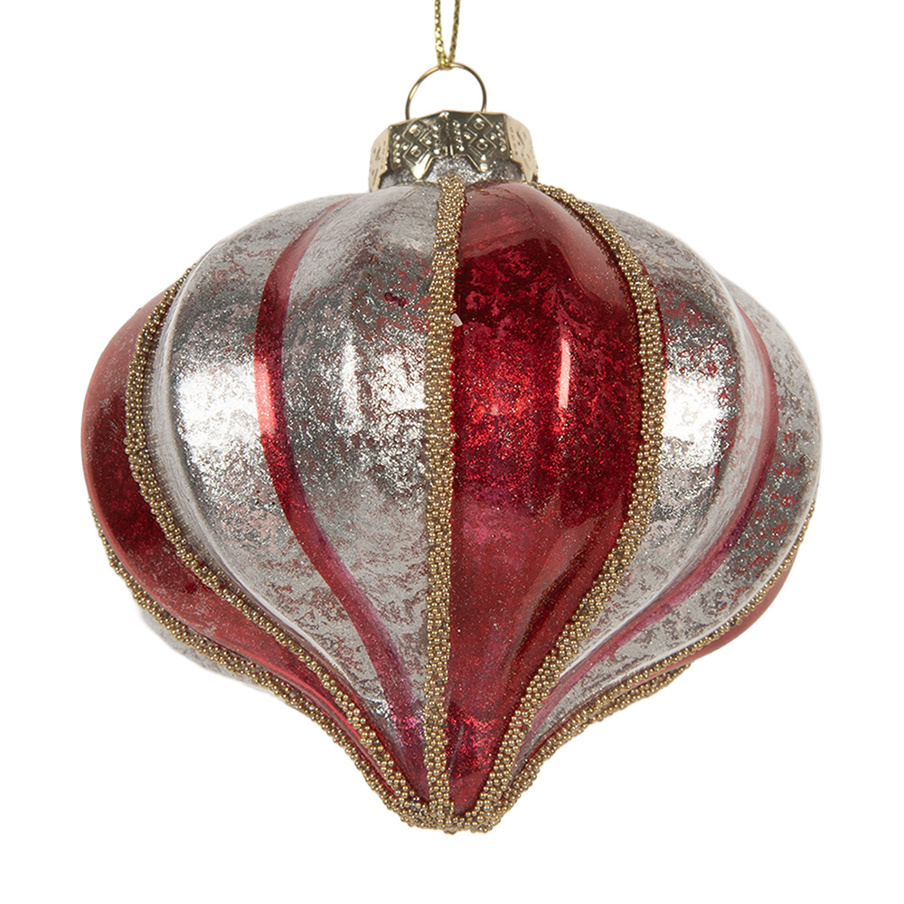 Clayre & Eef   | Kerstbal Rood Zilverkleurig ø 8x8 cm | 6GL5326