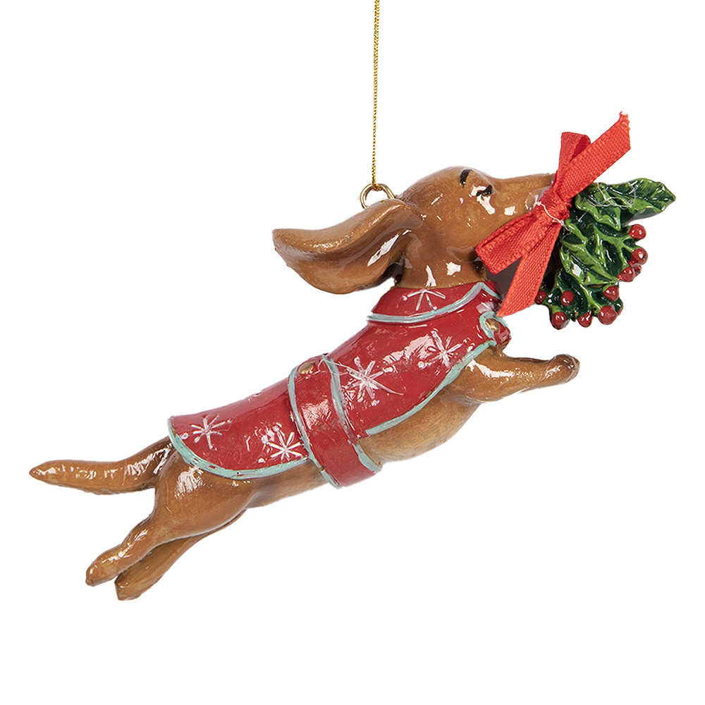 Clayre & Eef   | Decoratie hanger Hond Bruin Rood 12x2x4 cm | 6PR5632