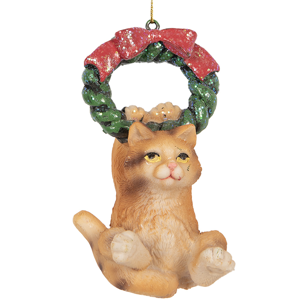 Clayre & Eef   | Decoratie hanger Kat Bruin Groen 6x5x9 cm | 6PR5312