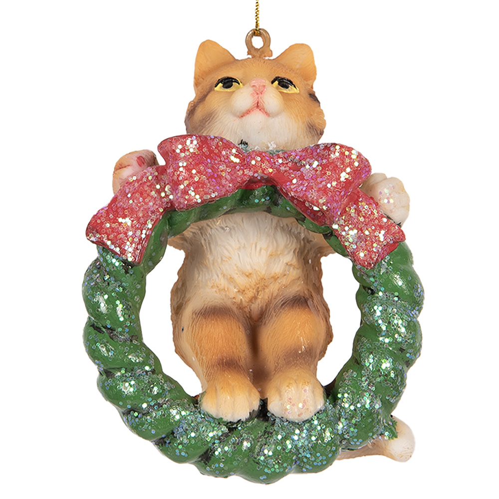 Clayre & Eef   | Decoratie hanger Kat Bruin Groen 6x5x9 cm | 6PR5313