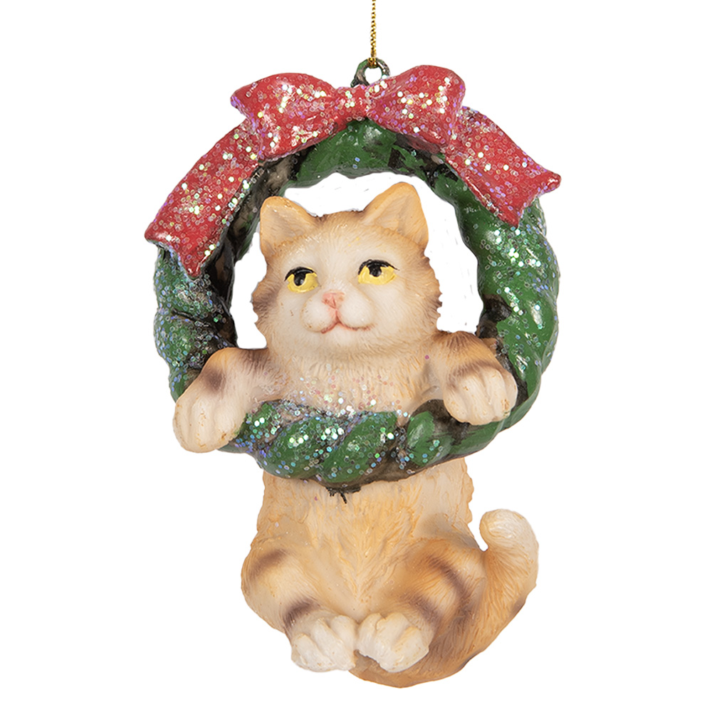 Clayre & Eef   | Decoratie hanger Kat Bruin Groen 6x5x9 cm | 6PR5314