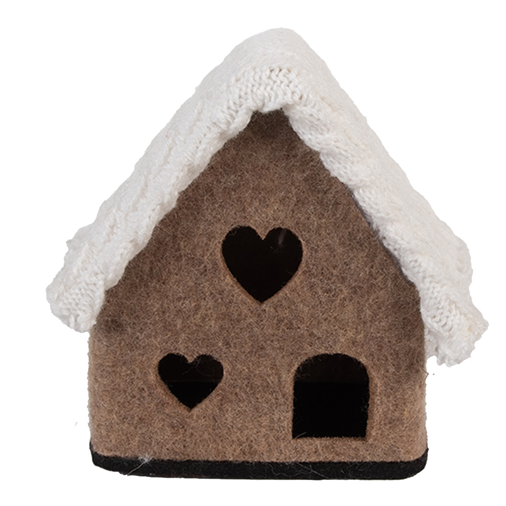 Clayre & Eef   | Vilten Huis Bruin Wit 13x10x13 cm | 66306